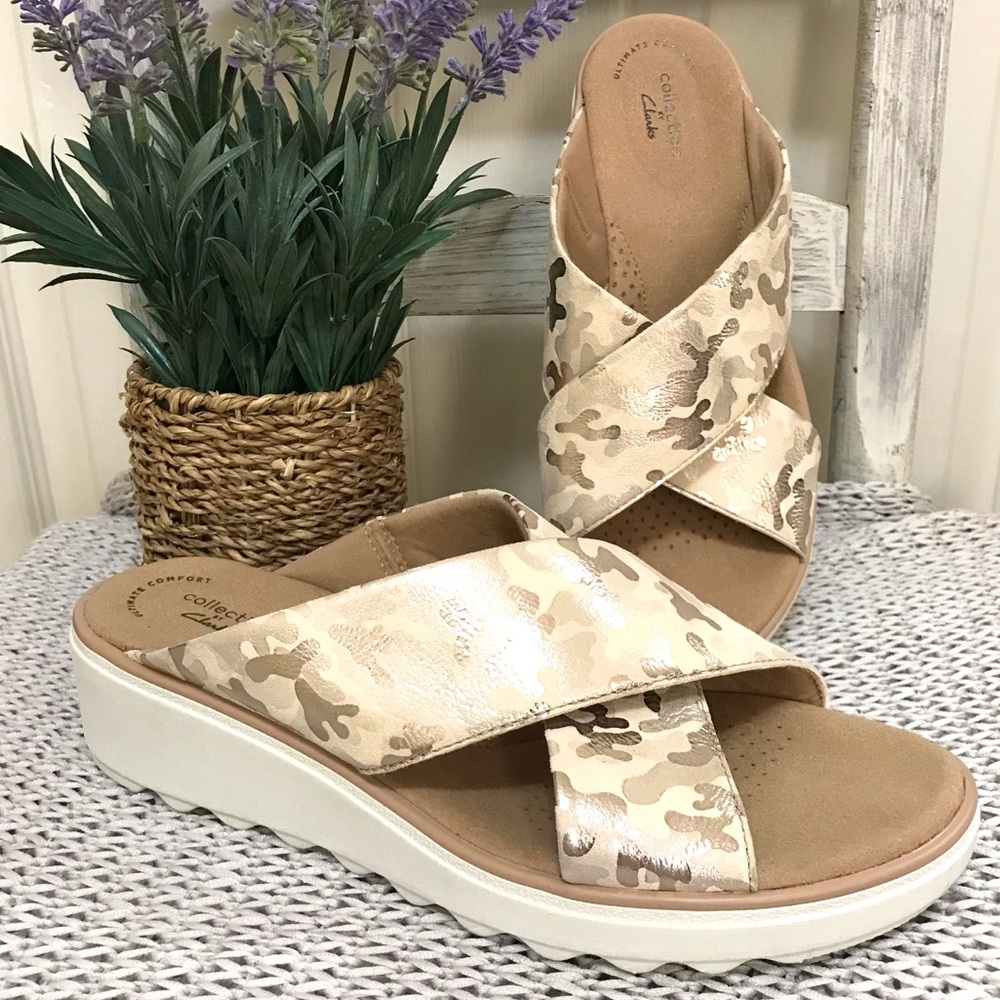 Clarks Jillian Gem Wedge Sandals Metallic Ivory Camo